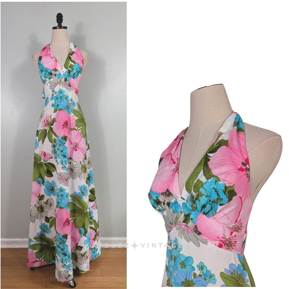 Vintage Tori Richard Honolulu Maxi Dress 10 Pink Floral Tropical Luau Hawaii 60s